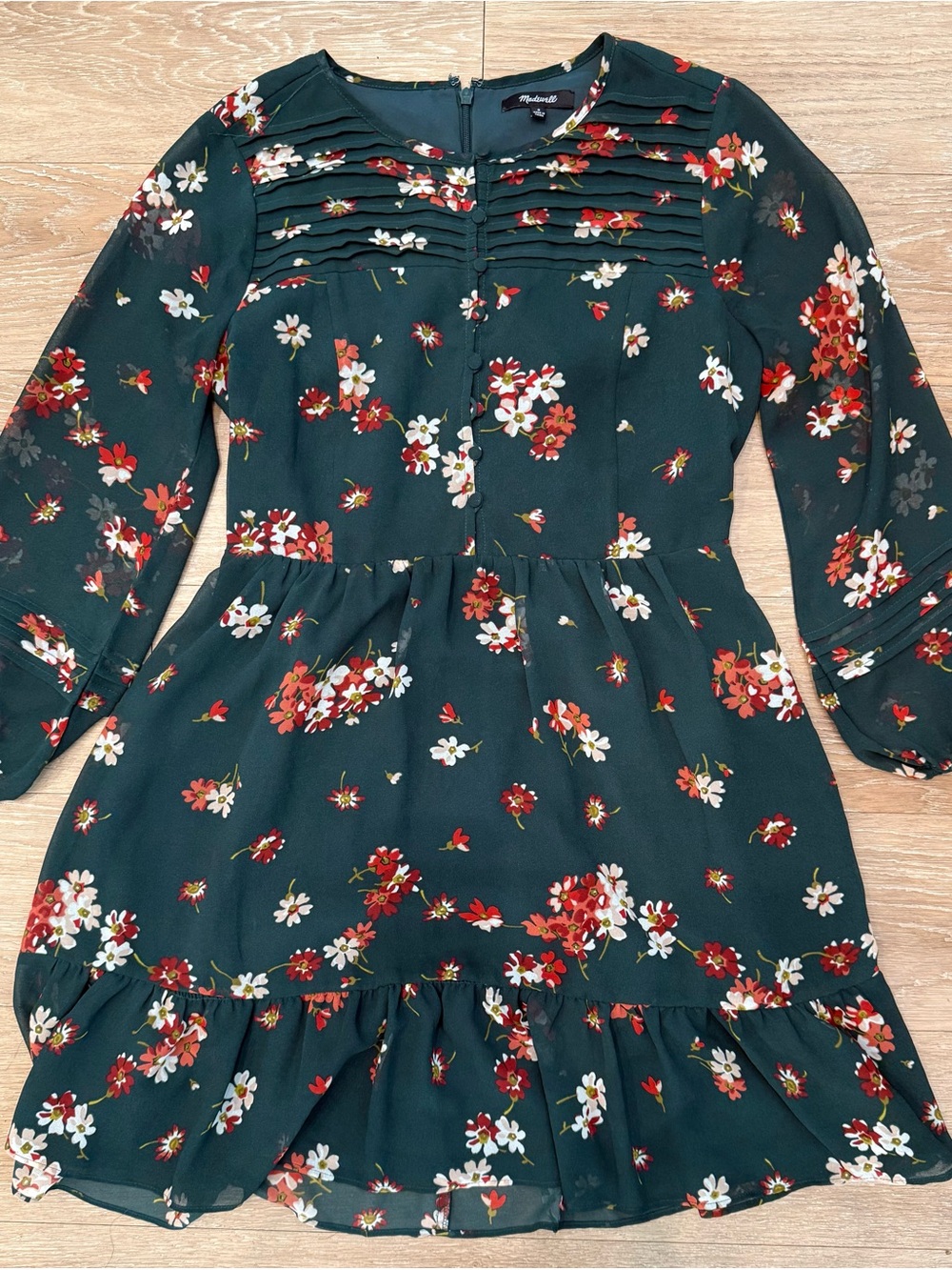 Madewell Dark Green Floral Pintuck Dress Size 0